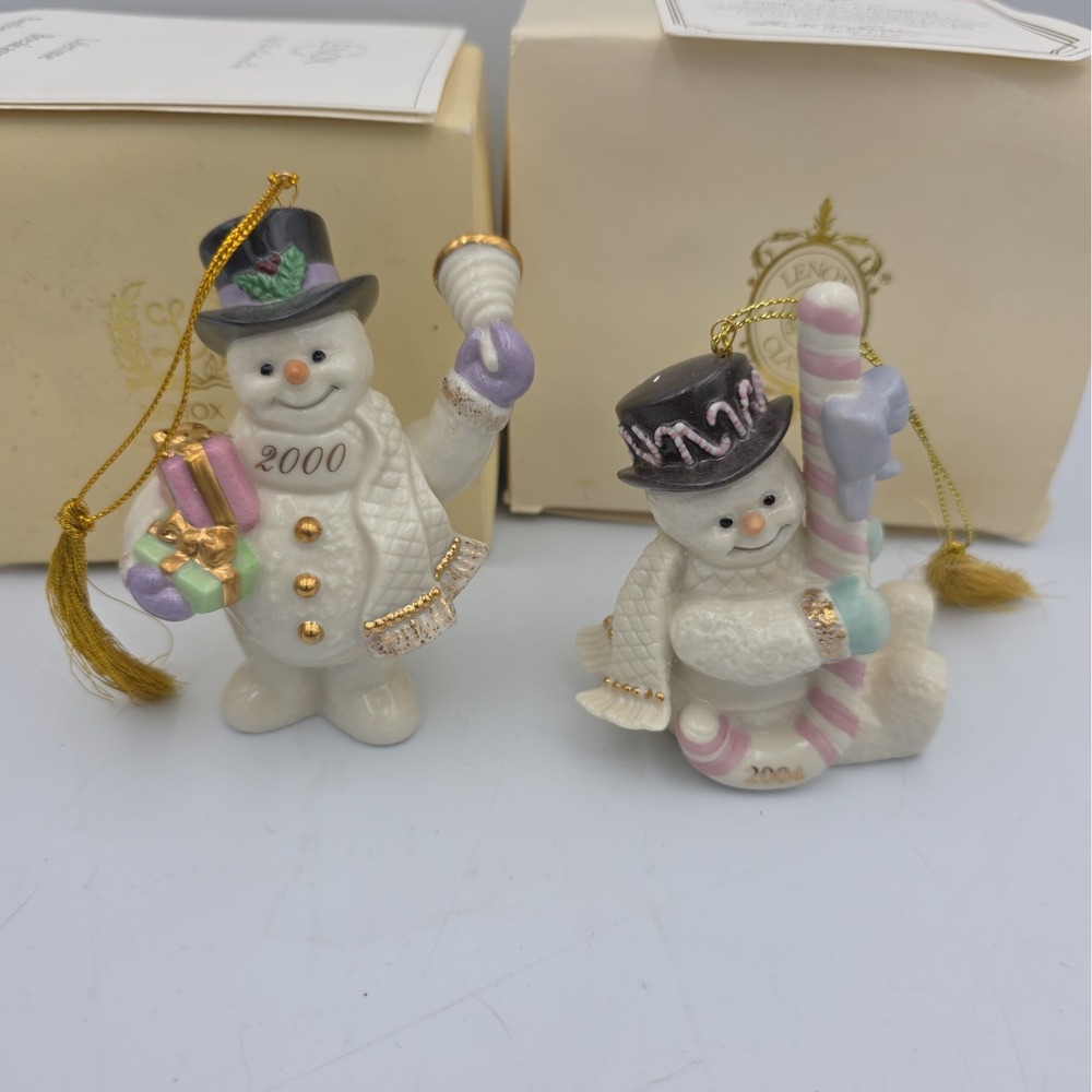 Lenox Snowman Porcelain Ornament 2004 Candy Cane Christmas & 2000 Lot Of 2